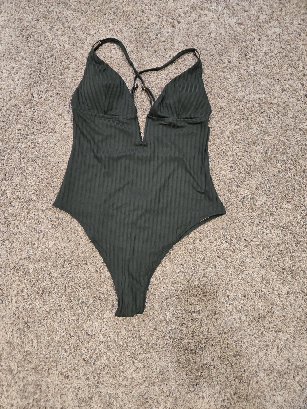 Shade & Shore Olice Green Ribbed V-Plunge One-Piece Swimsuit